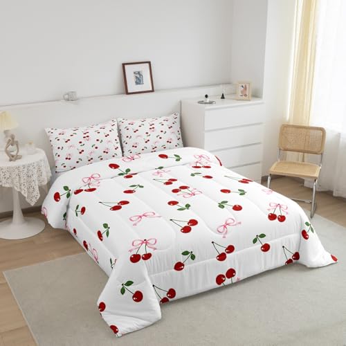 Image of Feelyou Cute Bows Cherry Bedding Set Queen Size Kids Watercolor Bow Comforter Set for Boys Girls Teens Summer Fruit Duvet Quilt Breathable Soft Lightweight Microfiber Bowknot Room Decor