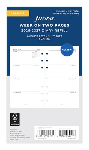 Filofax Personal week on two pages mid year August 26 - July 27 diary refill 27-68452