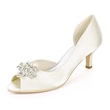 Faxpox Women Peep Toe Comfort Heel Pumps Rhinestones Satin Bridal Wedding Evening Prom Dress Shoes, Ivory-2, 5