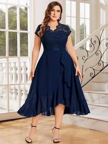 Miusol Women's Plus Size V Neck Elegant Floral Lace Ruffle Bridesmaid Maxi Dress3