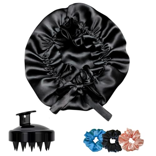 Image of Satin Hair Bonnet for Sleeping | Multi-Use Women and Girls | 3 Scrunchies | 1 Scalp Massager Brush | Anti-Hair-Breakage (Black)