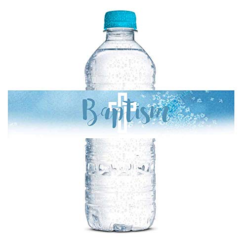 Blue Watercolor Baptism Religious Waterproof Water Bottle Sticker Wrappers for Boys, 20 1.75 x 8.5 Wrap Around Labels by AmandaCreation