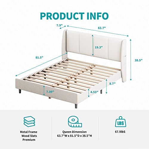 Balus Wingback Queen Size Bed Frame, Upholstered Platform Bed Frame With 2 Pockets,Bed Frame With Wooden Slats Support, No Box Spring Needed/Easy Assembly/No Mattress(Queen, Beige) #TOP1