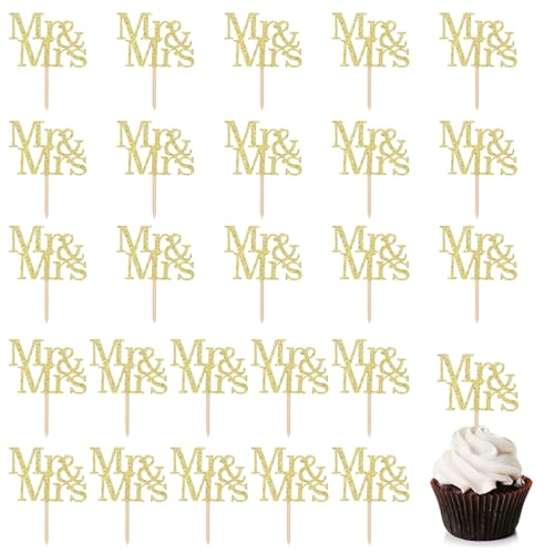 Lot de 24 décorations de cupcake pour mariage, anniversaire, fiançailles, demande - Paillettes dorées - Décoration de gâteau de fête Mr & Mrs