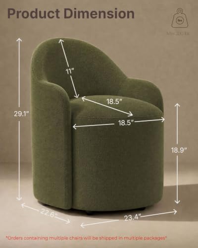 Image of KISLOT Upholstered Dining Chairs Set of 1 with Caster, Pre-Assembled, Green | Modern Dining Room Chairs with Wheels, Rolling Vanity Chair with Round Backrest for Kitchen, Bedroom, Dressing, Linen Fabric