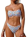 ZAFUL Bandeau Bikini Sets for Women Floral Two Piece Swimsuit Strapless Mid Waisted Bathing Suits with Removable Straps(1-Fruit, S)