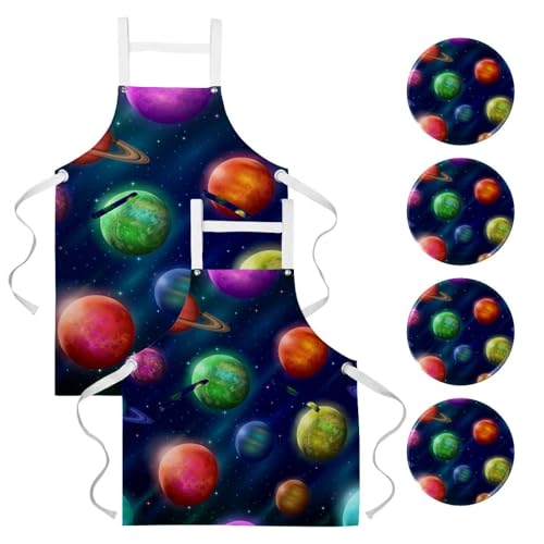 Lot de 2 tabliers de cuisine avec 4 broches et motif de planètes spatiales pour bistrot