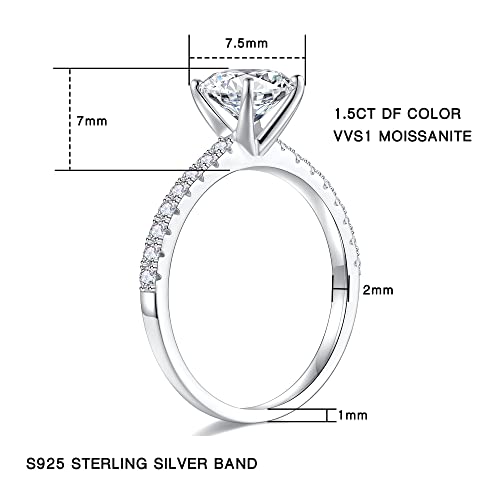 1.5Ct Moissanite Promise Rings For Her, D Color Vvs1 Clarity Lab Created Diamond Rings Brilliant Round Cut Side Stone Moissanite Engagement Ring Rhodium Plated S925 Sterling Silver Moissanite Rings #TOP3