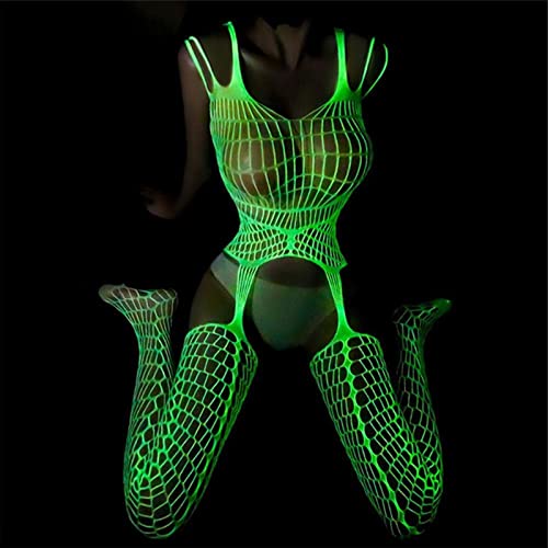 Image of KCTRFSJ Women Sexy Luminous Green Hollow Fishnets Stockings,Glow in the Dark Reflective Fun High Waist Fishnet legging Tights