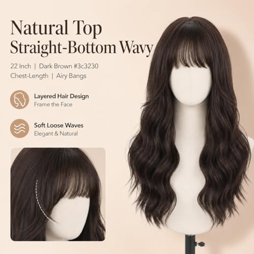 SUKRI Long Wavy Wig with Bangs for Women Dark Brown Curly Wigs Natural Wavy Synthetic Wigs for Daily Party Cosplay 20 Inch (Dark Brown) - Image 3
