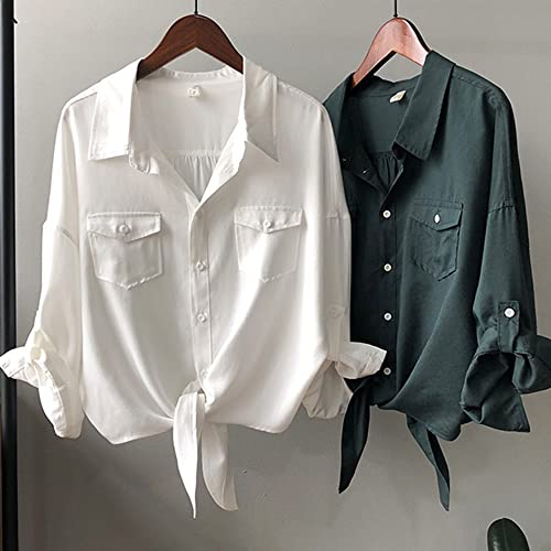 Womens Button Down V Neck Shirts 3/4 Sleeve Tie Front Loose Office Business Shirt Blouse Summer Casual Tops4