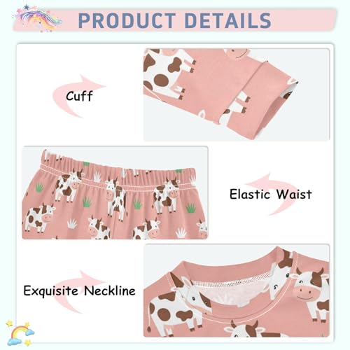 Pajama Sets Long Sleeve Cows on Pink Background Pattern Soft Comfy Sleepwear 2 Piece PJS 3-8T4
