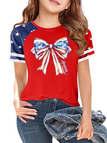 Image of CAZYCHILD Girls 4th of July USA Shirt American Flag Patriotic T-Shirt Independence Day Outfit for Kids 5-14Years