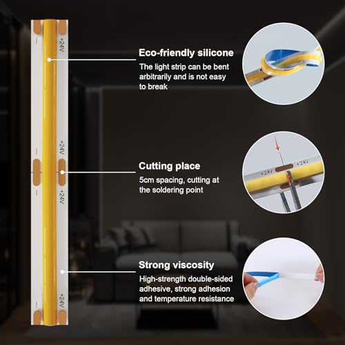 Image of COB Led Strip Lights, 16.5ft /5M Warm 3000K LED Strip Lighting, Cuttable Led Light Strip DC24V 512LEDS /M CRI 90Flexible Uniform Led Lights for Home,decr Lighting (Adapter,Controller Included)