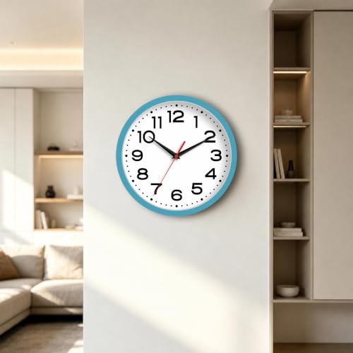Image of Roymnie 10 Inch Wall Clock, Battery Operated Silent Non Ticking Blue | analog wall clock; bold numerals for easy reading; silent non-ticking; 1 AA battery (not included); for classroom