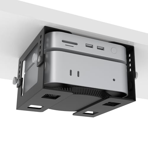 Under Desk Mini PC Mount Bracket 5-Level Height Adjustable (1.8 to 3.3) Width-Adjustable Metal CPU Holder for Mac mini M4/Small PCs Includes Screws & Positioning Template for Easy Installation