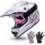 TCMT Dot Youth & Kids Motocross Offroad Street Helmet Pink Butterfly Motorcycle Youth Helmet Dirt Bike Motocross ATV Helmet+Goggles+Gloves S
