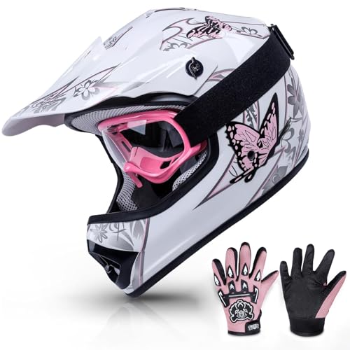 TCMT Dot Youth & Kids Motocross Offroad Street Pink Butterfly Motorcycle Youth Helmet Dirt Bike Motocross ATV Helmet+Goggles+Gloves L