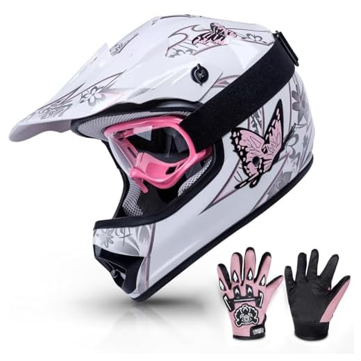 TCMT Dot Youth & Kids Motocross Offroad Street Helmet Pink Butterfly Motorcycle Youth Helmet Dirt Bike Motocross ATV Helmet+Goggles+Gloves L