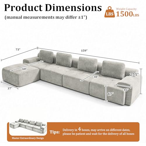 Image of 159 inch L-Shaped Modular Sectional Sofa, Oversized Boneless Cloud Couch for Living Room with Extra Deep Seat & High Back, Tool-Free No Assembly, Soft Chenille (Light Grey, 159 inch-L Shaped（4+1）)