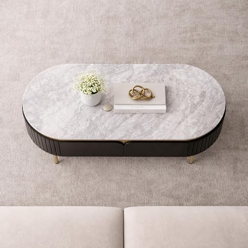 Image of The Attic Carlston Coffee Table for Living Room, Solid Wood Centre Table with Ceramic Top, Black Matte Finish, Oval Shape with Gold Accent
