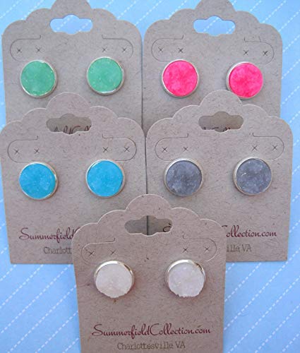 Silver-tone Clear White Faux Druzy Stone Stud Earrings 12mm