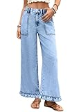 Astylish Wide Jeans for Women Trendy High Waisted Bell Bottom Leg Jeans Baggy Stretchy Ruffle Hem Cropped Boho Denim Pants Iceland Blue Size 8