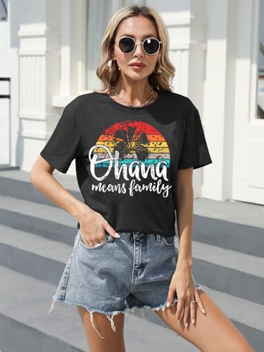 Image of Ohana Means Family Tshirt Women: Hawaii Tropical Graphic T-Shirt Summer Vacation Short Sleeve Tee Top