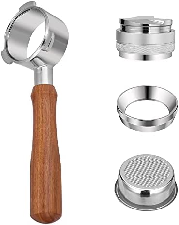 54mm Bottomless Portafilter For Breville 8 Series, Stainless Steel Coffee Espresso Machine Wood Handle, Two Cup Basket Filter Dosing Ring Funnel Adjustable Distributor Leveler 2 Sides Silver, Set of 4