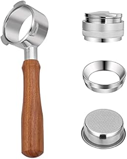 54mm Bottomless Portafilter For Breville 8 Series, Stainless Steel Coffee Espresso Machine Wood Handle, Two Cup Basket Filter Dosing Ring Funnel Adjustable Distributor Leveler 2 Sides Silver, Set of 4