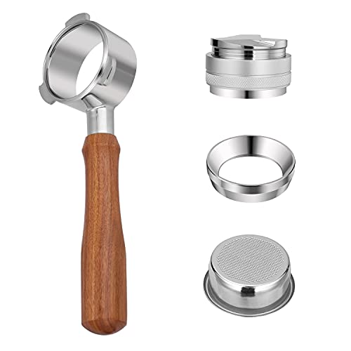 54Mm Bottomless Portafilter For Breville 8 Series, Stainless Steel Coffee Espresso Machine Wood Handle, Two Cup Basket Filter Dosing Ring Funnel Adjustable Distributor Leveler 2 Sides Silver, Set Of 4 #TOP26
