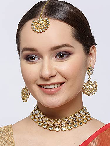 Image of Karatcart Gold Plated Pearl and Drop Kundan Studded Choker Necklace Setfor Women