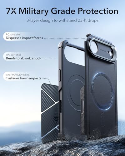 Image of ESR for iPhone Air Case with Stand, 23ft Military-Grade Drop Protection, Camera Control, Shock-Absorbing iPhone 17 Air Rugged case, Compatible with MagSafe Accessories, Cyber Series, Black