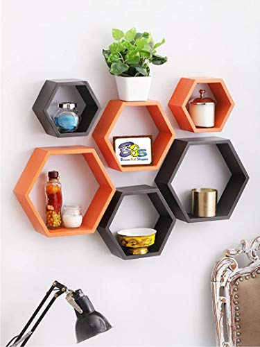Image of BAS Engineered Wood Brown Art Decorative Display With Hexagon Shape Set Of 6 Floating Wall Shelves And Racks For Living Room (Brown & Orange)