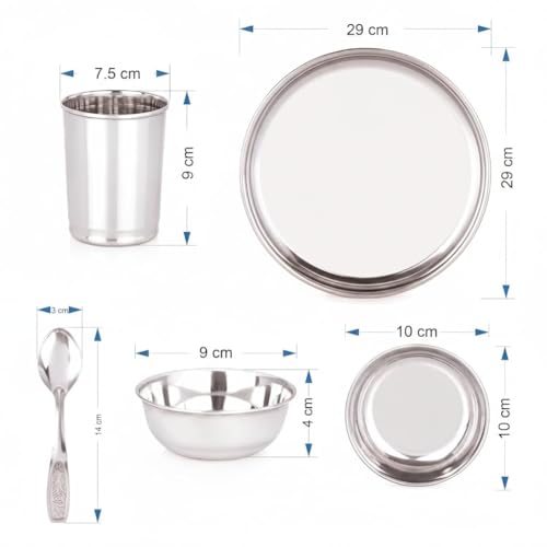 Image of 36 Pieces Stainless Steel Dinnerware /Dinner Set - 6 Thali, 6 D.Plate, 12 Bowl, 6 Glass, 6 Spoon, Kitchen Set for Home & Restaurants, Family - Silver Dinnerware Set