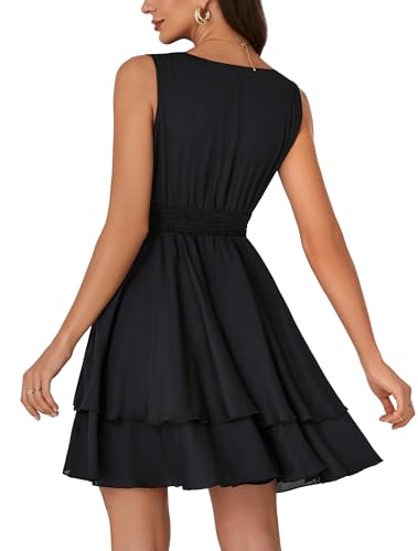 Image of Rooscier Women's Layer Ruffle Flowy Wrap V Neck Casual Dress Sleeveless Smocked Summer Mini Dress