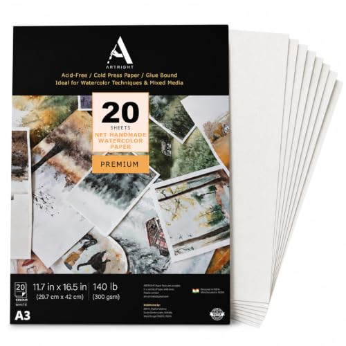 Image of ArtRight Artists' Acrylic Paper (A3 Pack of 20 Sheets, 300 GSM); 300 GSM Handmade Sheets for Gouache & Acrylic Media