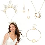GOUYENG Heiligenschein Krone,4 Stück Haarreif Sonne,Sonnengöttin Heiligenschein,Sunburst Spike Kopfschmuck,Halskette & Ohrringe,Göttinnen-Accessoires,für Faschingskostüme,Karneval,Mottoparty und JGA