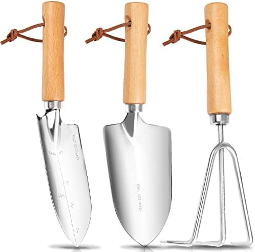 Grenebo Stainless Steel Garden Tools,3 Pieces Gardening Tools with Wood Handle,Rust-Proof Gardening Kit Garden Shovel Garden Rake Garden Trowel,Ideal Gardening Gifts for Women