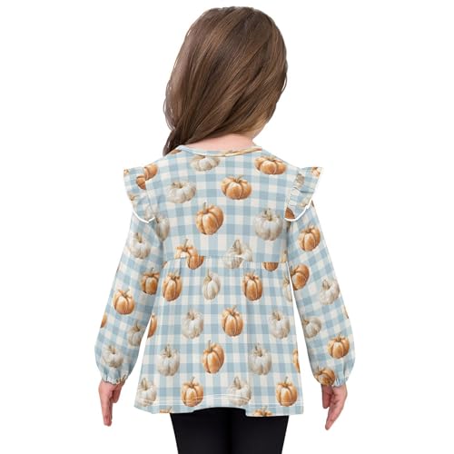Pumpkin Light Blue Check Girls Shirts Cotton Long Sleeve Ruffle Toddler Tee Tops4