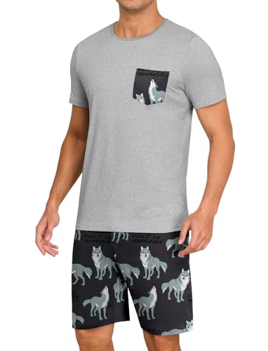 Image of PrinStory Mens Summer Pajamas Set Lightweight Pjs Sets Short Sleeve Pajama Shorts Set Soft Sleepwear Loungewear with Pockets