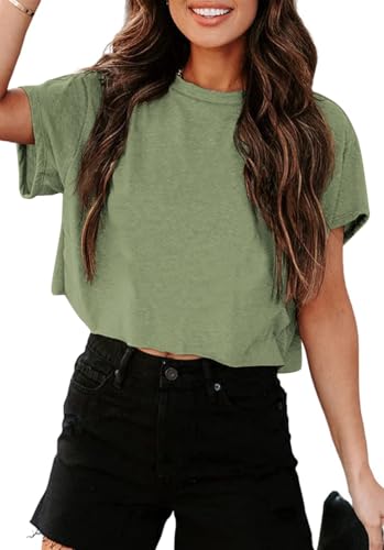 Tankaneo Crop Tops Damen Oversize Sport Oberteile Cropped Shirts Rundhals Loose Bauchfrei Sommertop Kurz T-Shirts.Armeegrün.S