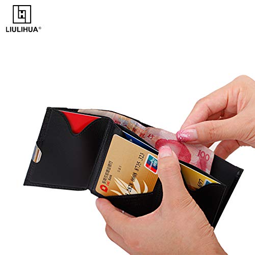 Image of LLH Leather Trifold Wallet - RFID Blocking with Stainless Steel Locking Clip Wallet, Minimalist Front Pocket RFID Blocking Credit Card Holder (Yellow) (Black-C)