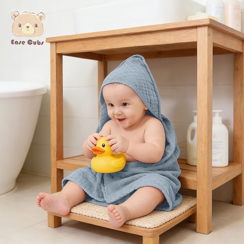 Image of Ease Cubs 3-Pack Muslin Hooded Baby Towels, 100% Cotton, Ultra-Soft & Absorbent Baby Bath Towels with Hood for Babies, Infant, Toddler and Newbron (Grey and Navy Blue Series,32 inch x 32 inch)