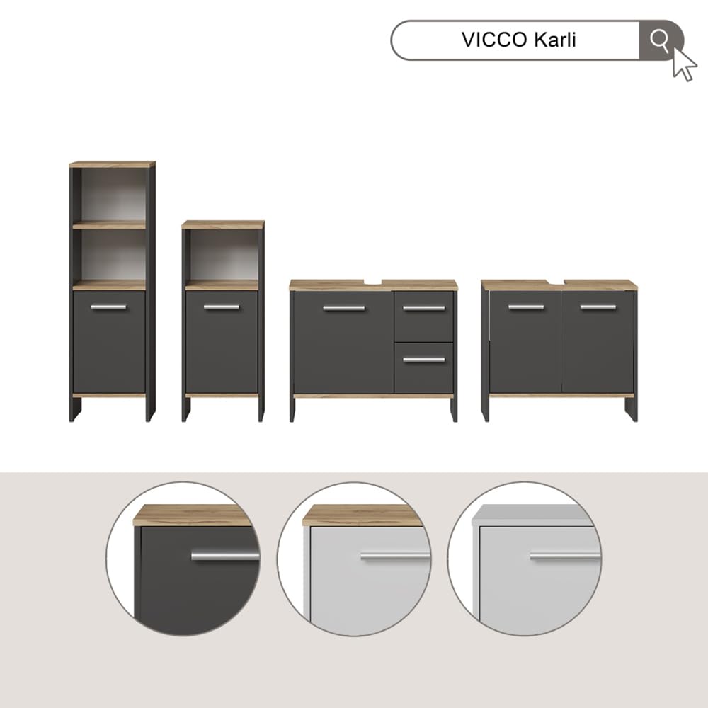 Vicco Mobile sottolavabo per bagno Karli, Bianco, 70.2 x 57 cm con 2 cassetti e 1 anta, adatto per il montaggio sotto lavabi standard