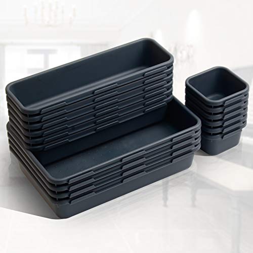 16 Pack Interlocking Drawer Organizer Tray, Desk Drawer Organizer, Office Drawer Dividers Storage Bins for Kitchen Bathroom Office, 3 Different Sizes, Grey