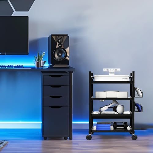 DEWEL ゲーム機 収納 ラック 4段式 キャスター 幅46×奥行37×高さ63cm コントローラー キャスター付き ラック サイドワゴン デスクサイド スチールラック コントローラースタンド付き 移動便利 ブラック [並行輸入品] [1]