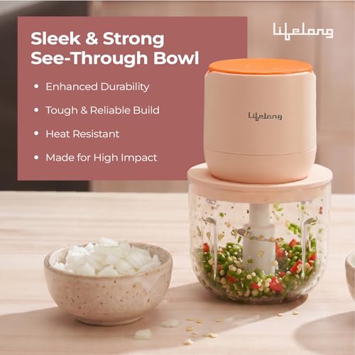 Image of Lifelong Rechargeable Electric Food Chopper with 600ml | 100W Motor | Triple SS Blades | USB Type-C Charging |3600 mAh Battery | One-Press Operation for Veggies, Meat, Garlic, Nuts & Baby Food(LLWC05)