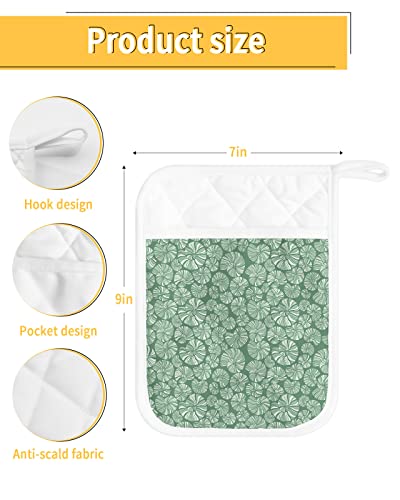2 Pack Pocket Pot Holders, Teal Conch Hot Pads For Kitchen Heat Insulation Potholders, Moden Green White Geometric Abstract Art Pot Holder Oven Mitts Hot Pad Trivet For Baking Cooking 9"X7" #TOP2