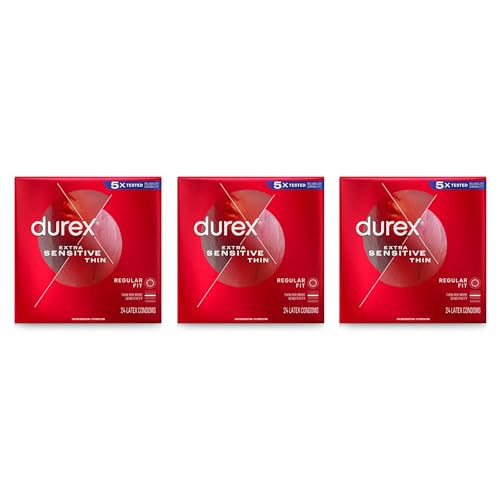 Durex Condom Extra Sensitive Natural Latex Condoms, 24 Count - Ultra Fine & Extra Lubricated, Regular Fit, (Pack of 3)